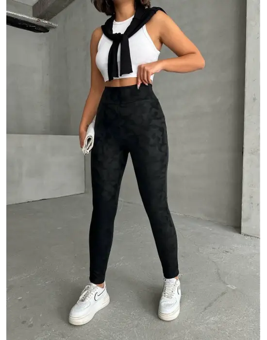 Gizli yan fermuarlı bulut desenli tayt siyah h248638