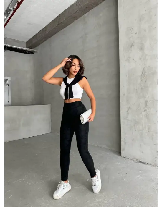 Gizli yan fermuarlı bulut desenli tayt siyah h248638