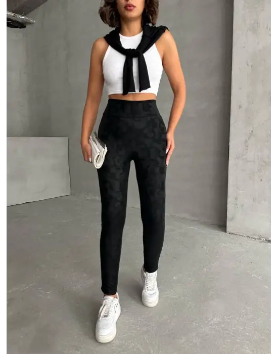 Gizli yan fermuarlı bulut desenli tayt siyah h248638