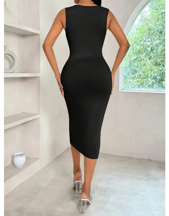 Omarı Elegan Kruvaze Yakalı Askılı Midi Elbise