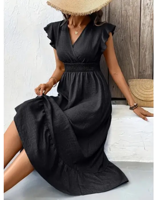 Omarı Kadın Kelebek Kollu Kruvaze Elbise