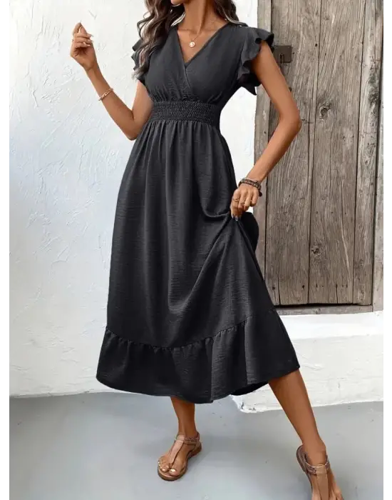 Omarı Kadın Kelebek Kollu Kruvaze Elbise