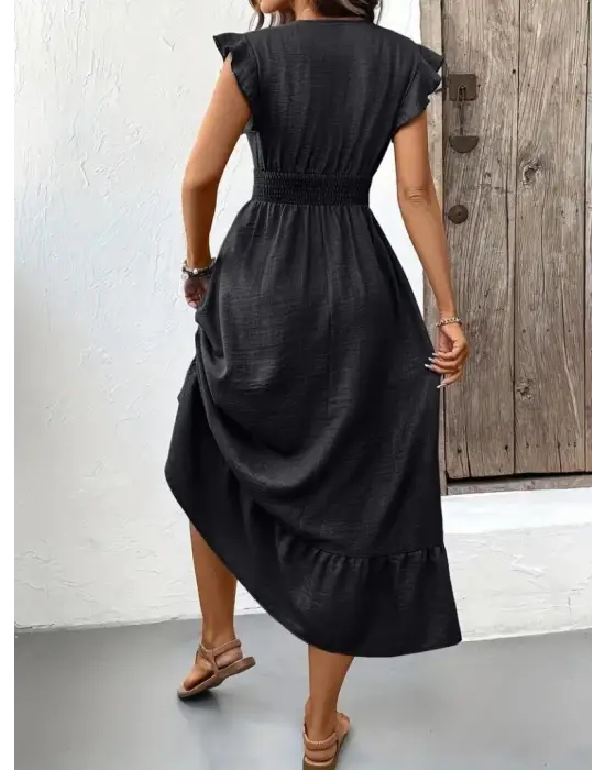 Omarı Kadın Kelebek Kollu Kruvaze Elbise