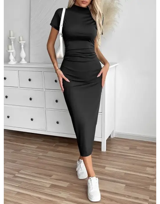 Omarı Şık Kadın Yarı Balıkçı Yaka Midi Elbise