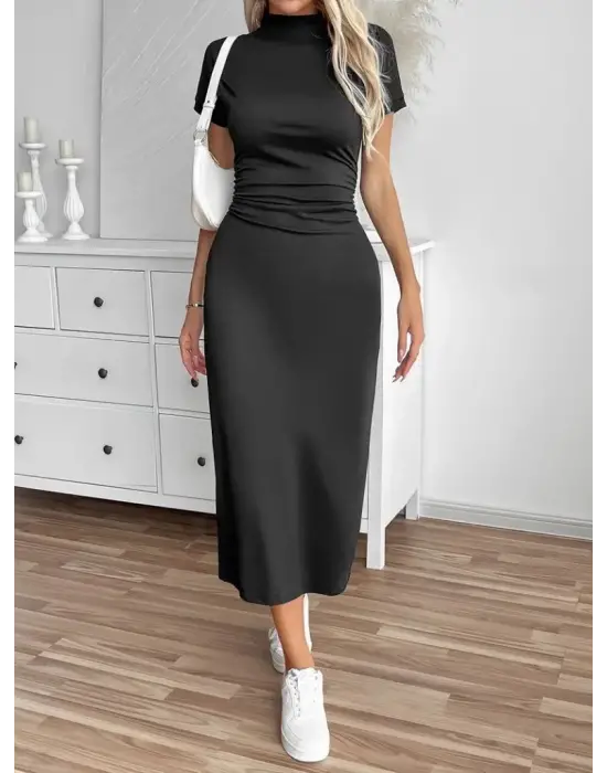 Omarı Şık Kadın Yarı Balıkçı Yaka Midi Elbise