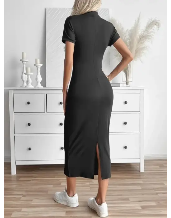 Omarı Şık Kadın Yarı Balıkçı Yaka Midi Elbise