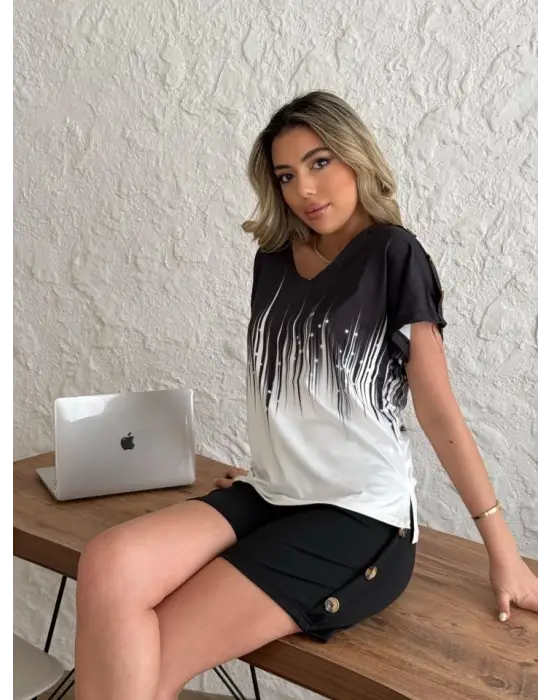 Omarı Şık V Yaka Bluz ve Şort Takımı