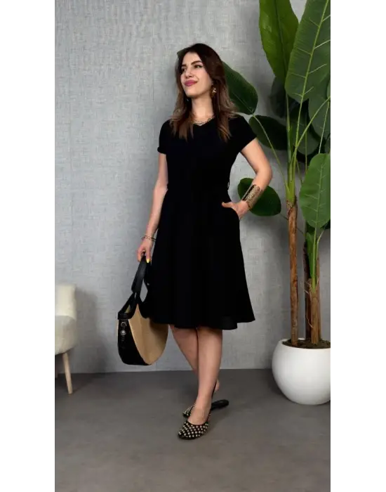 Omarı Şık V Yakalı Keten Elbise