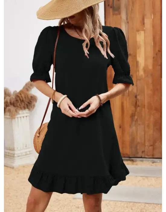 Omarı Şık ve Hareketli Kadın Etekli Volanlı Elbise