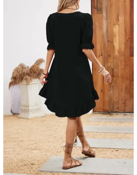 Omarı Şık ve Hareketli Kadın Etekli Volanlı Elbise