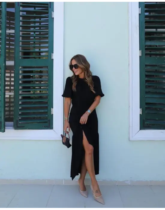 Omarı Yandan Yırtmaçlı Büzgülü Janjan Krep Elbise