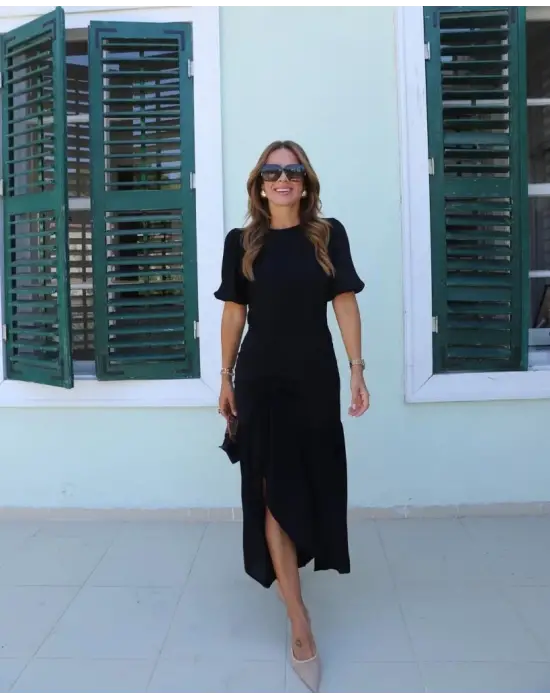 Omarı Yandan Yırtmaçlı Büzgülü Janjan Krep Elbise