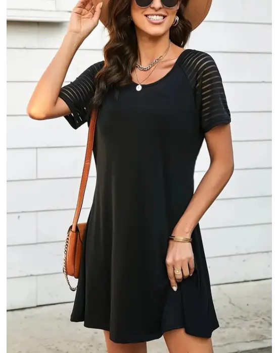 Omarı Yuvarlak Yaka Kol Detaylı Viskon Elbise