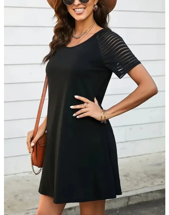 Omarı Yuvarlak Yaka Kol Detaylı Viskon Elbise