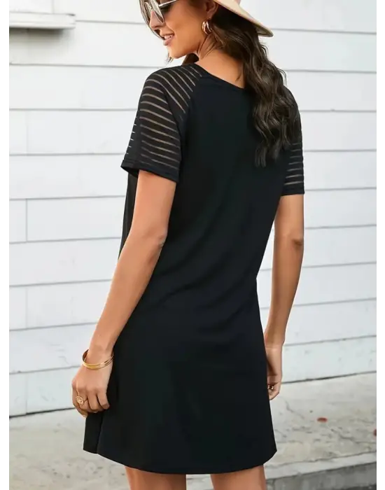 Omarı Yuvarlak Yaka Kol Detaylı Viskon Elbise