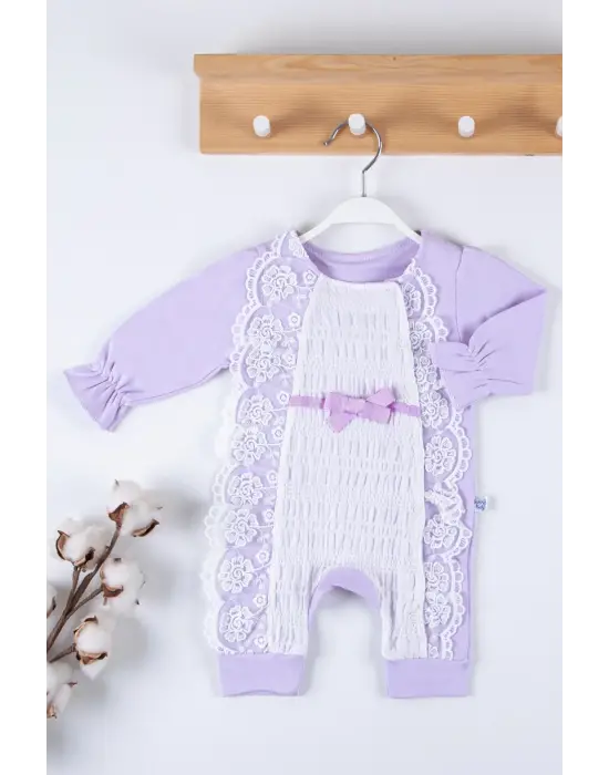 Gofralı Fransız Güpürlü % 100 Pamuk Kız Bebek Tulumu