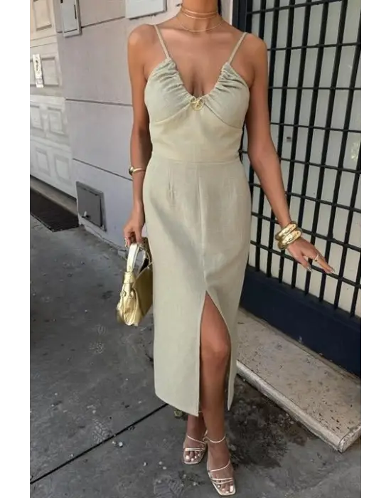 Göğsü Aksesuarlı Önü Yırtmaçlı Elbise 2899