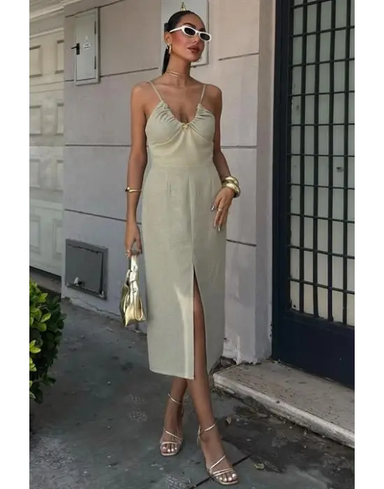 Göğsü Aksesuarlı Önü Yırtmaçlı Elbise 2899