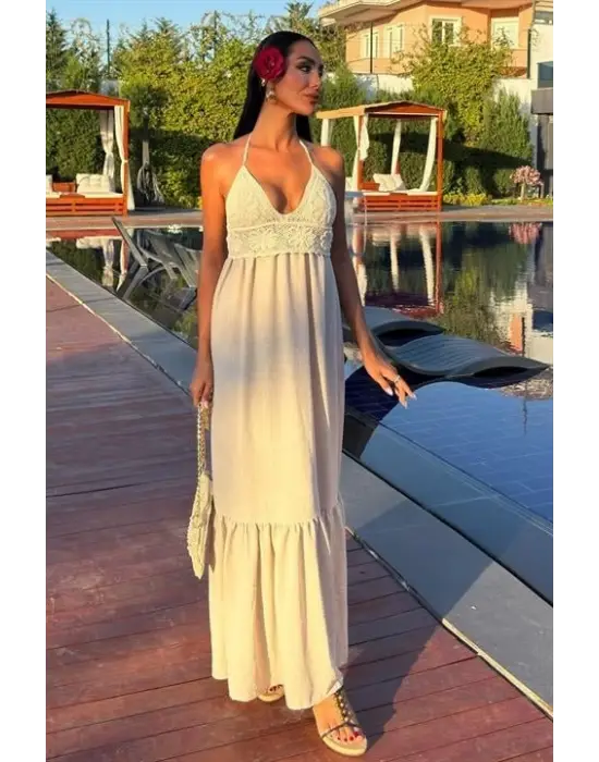 Omarı Doğal Keten Uzun Elbise Göğsüz Stil