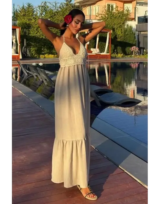 Omarı Doğal Keten Uzun Elbise Göğsüz Stil