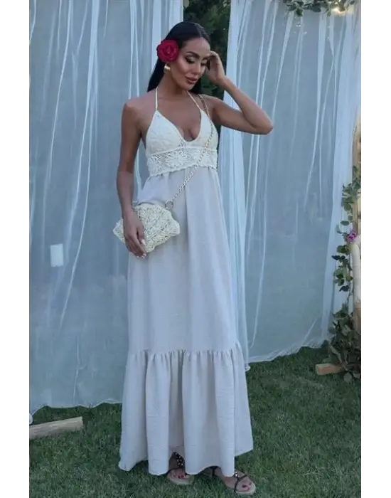 Omarı Doğal Keten Uzun Elbise Göğsüz Stil