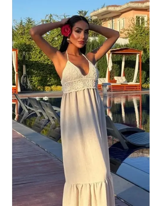 Omarı Doğal Keten Uzun Elbise Göğsüz Stil