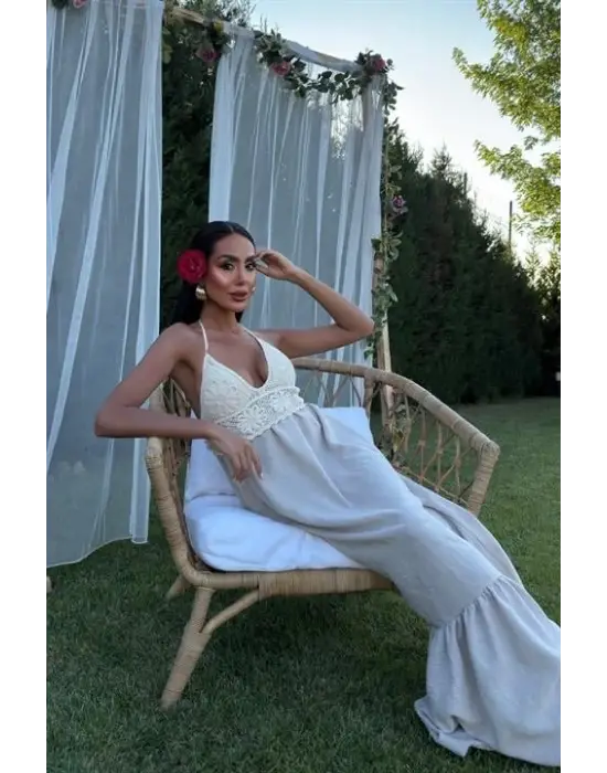 Omarı Doğal Keten Uzun Elbise Göğsüz Stil