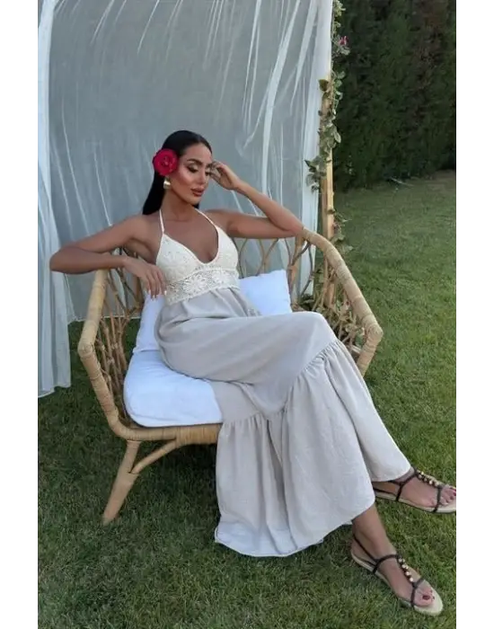 Omarı Doğal Keten Uzun Elbise Göğsüz Stil