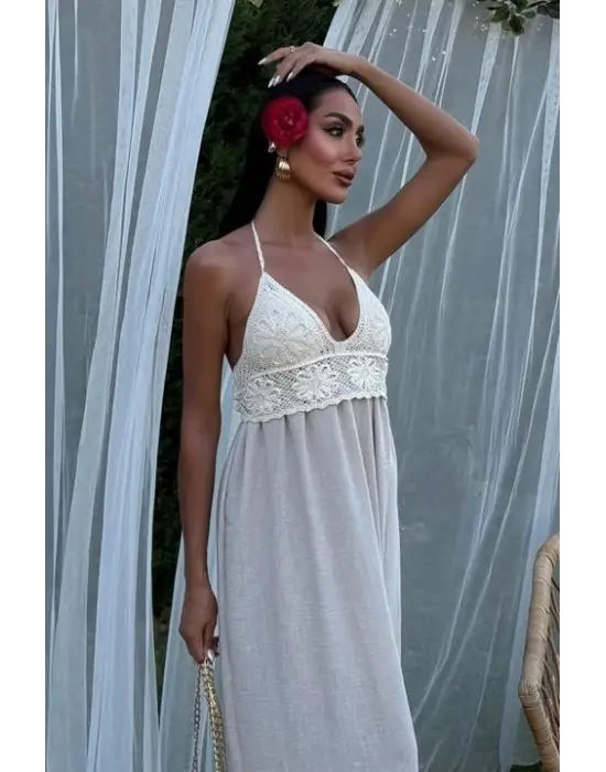 Omarı Doğal Keten Uzun Elbise Göğsüz Stil