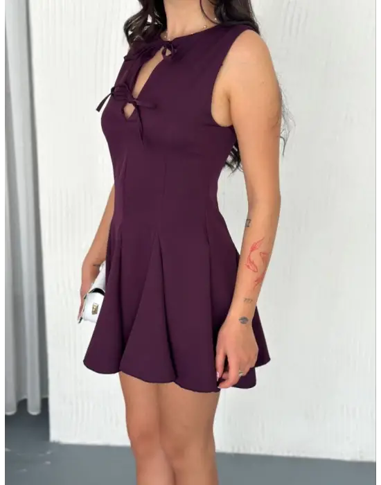 Göğüs Bağlamalı Kolsuz Mini Boy Elbise - Gül Kurusu