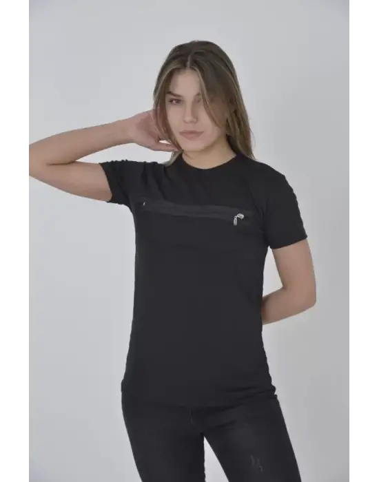 Omarı Siyah Dar Kalıp T-Shirt - Fermuar Aksesuarı ile Göğüs Detayı