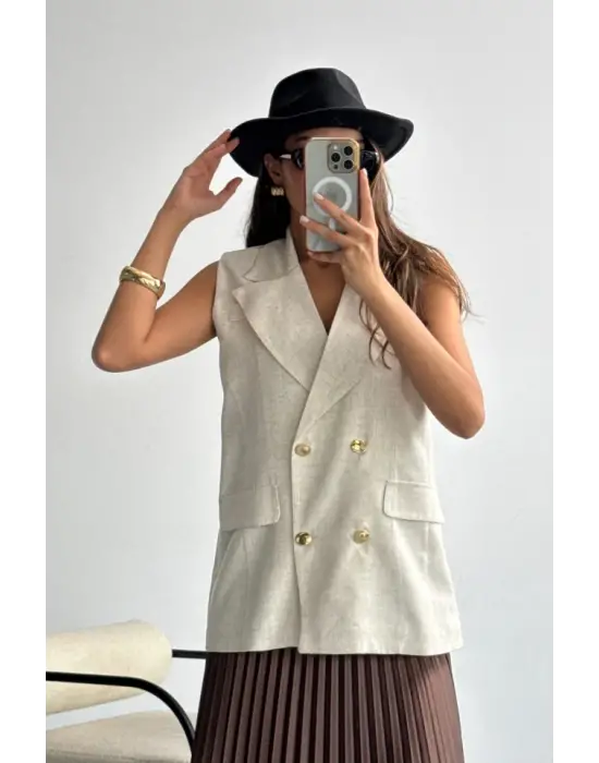 GOLD DÜĞMELİ KETEN YELEK - Ham