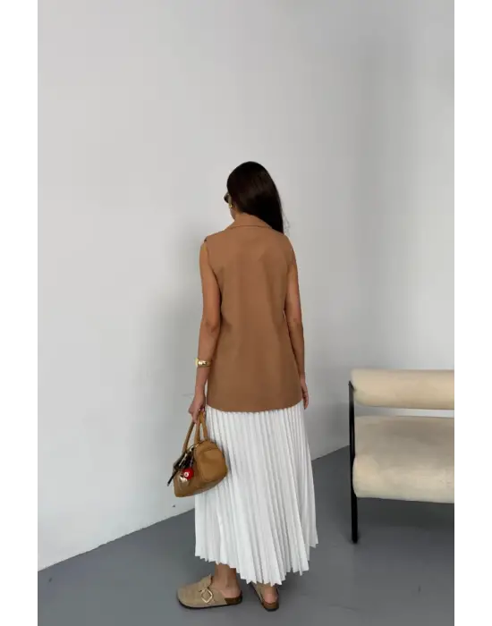 GOLD DÜĞMELİ KETEN YELEK - Kahverengi