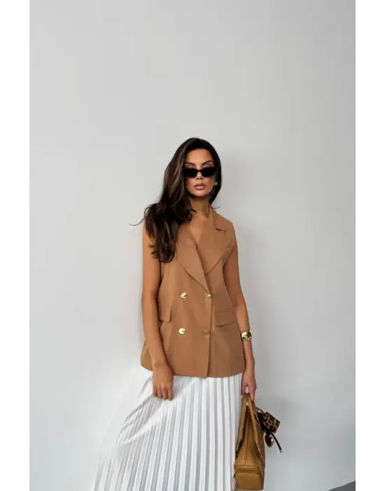 GOLD DÜĞMELİ KETEN YELEK - Kahverengi