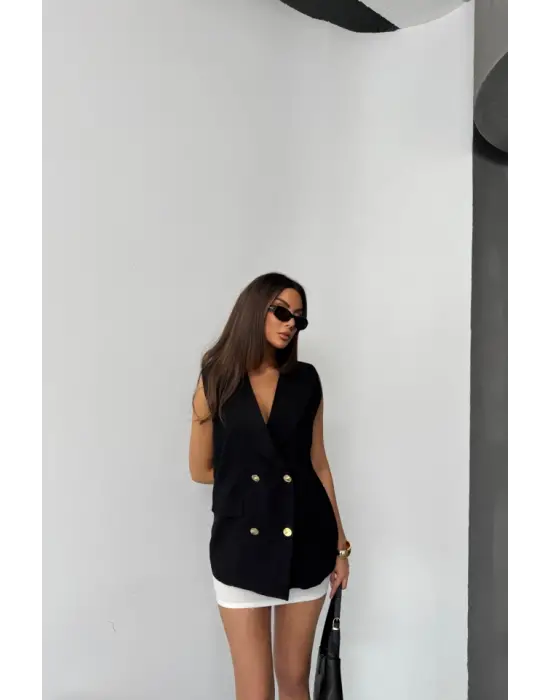 Siyah Düğmeli Keten Yelek Kadın Giyim