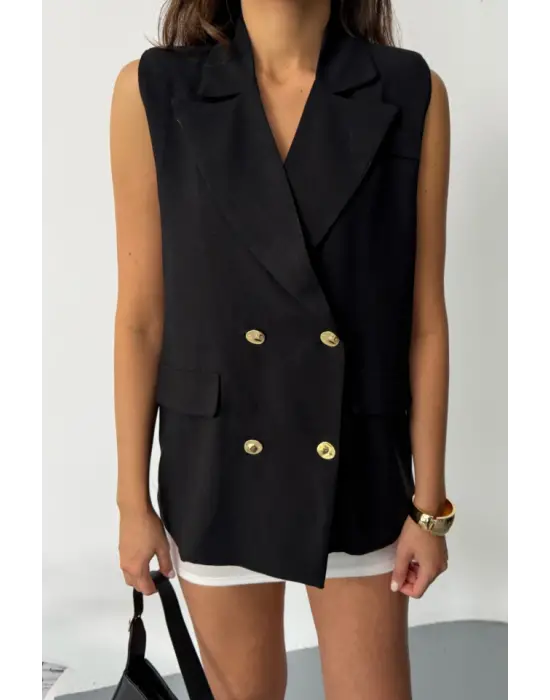 Siyah Düğmeli Keten Yelek Kadın Giyim