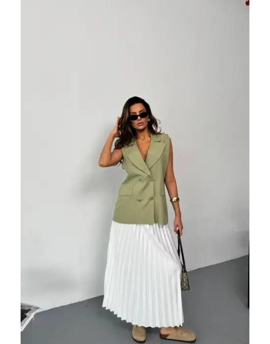 GOLD DÜĞMELİ KETEN YELEK - Yeşil