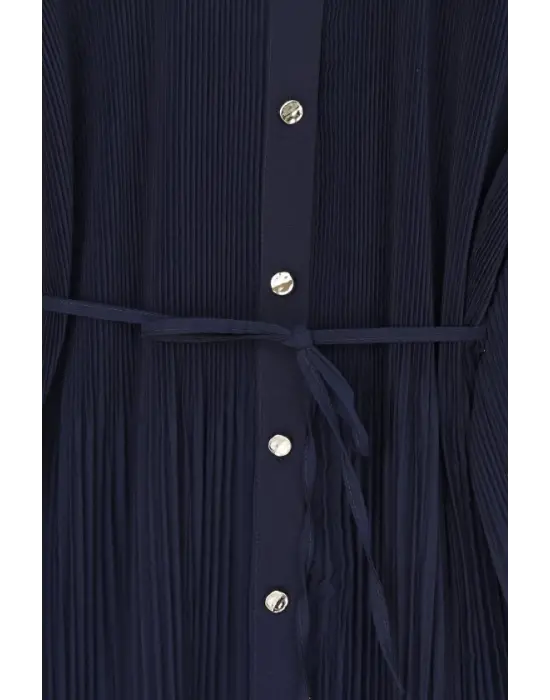 Gold Düğmeli Önü Ve Kolları Pliseli Bağcıklı Gömlek -Laci