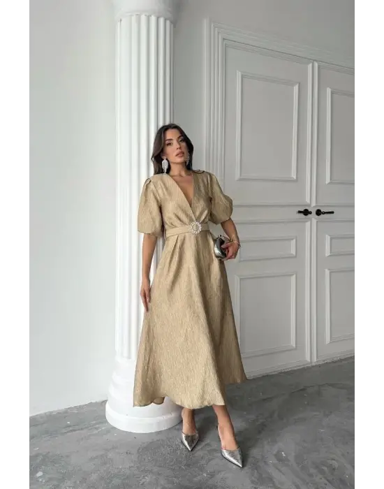 Gold Işıltılı Kemerli Kruvaze Elbise