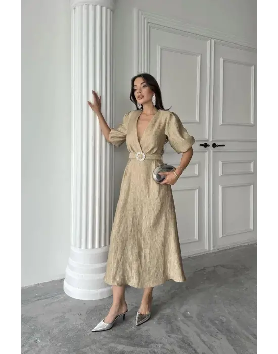 Gold Işıltılı Kemerli Kruvaze Elbise