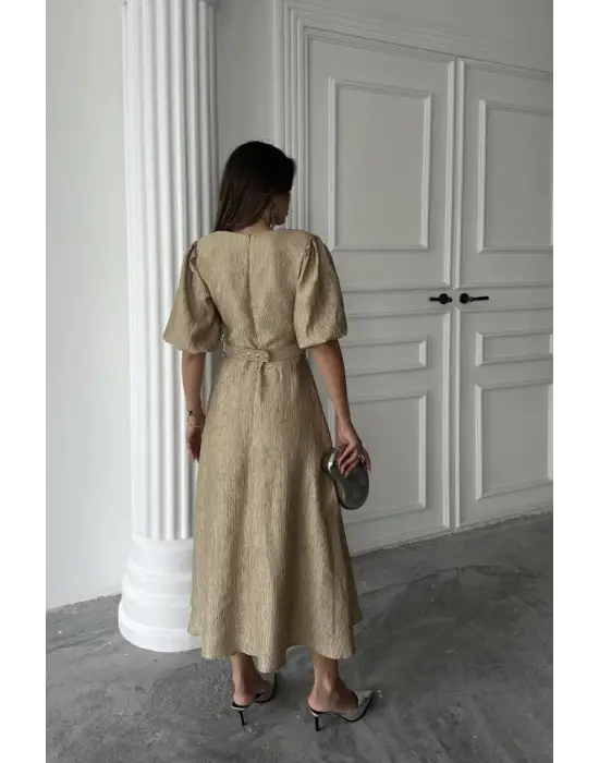 Gold Işıltılı Kemerli Kruvaze Elbise