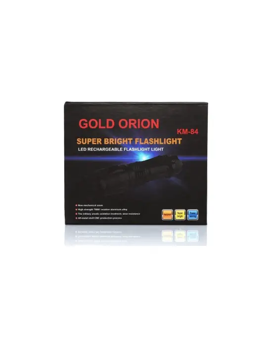 Gold Orion Km-84 Tasarruflu Şarjlı Zoomlu Metal El Feneri Kemer Klipsli