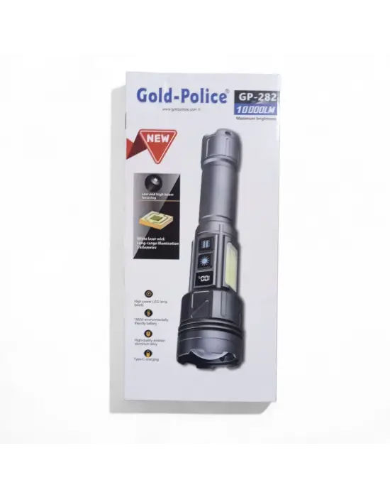 Gold-police Gp-282 Uzun Menzilli Güçlü Şarjlı 10000 Lümen El Feneri 11 Mod Çakar Işıklı Kırmızı-mavi-yeşil Led