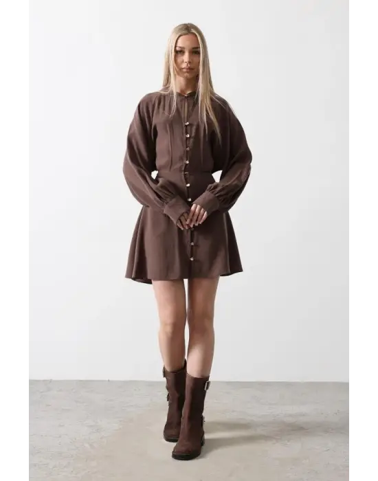 Gold Rengi Düğme Detaylı Elbise - Kahve