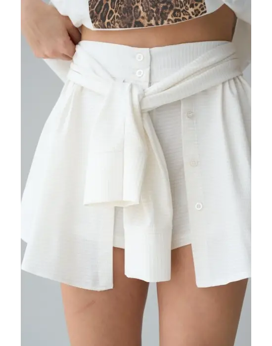 Gömlek Bağlamalı Şort - Krem
