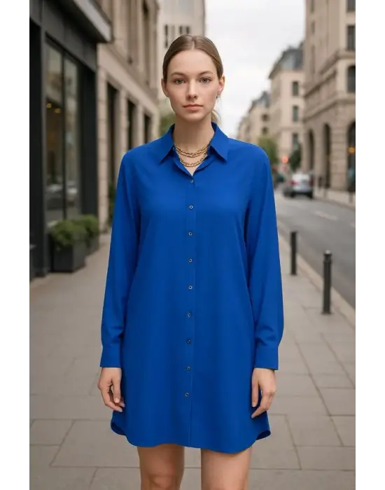 Omarı Önden Düğmeli Gömlek Elbisesi