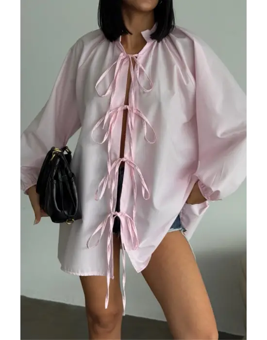 GÖMLEK POPLİN HAKİM YAKA ÖNDEN BAĞLAMA İP DETAYLI - Pembe