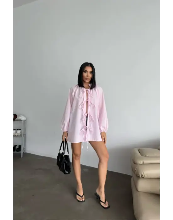 GÖMLEK POPLİN HAKİM YAKA ÖNDEN BAĞLAMA İP DETAYLI - Pembe