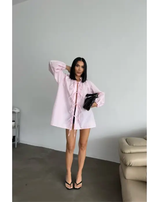 GÖMLEK POPLİN HAKİM YAKA ÖNDEN BAĞLAMA İP DETAYLI - Pembe