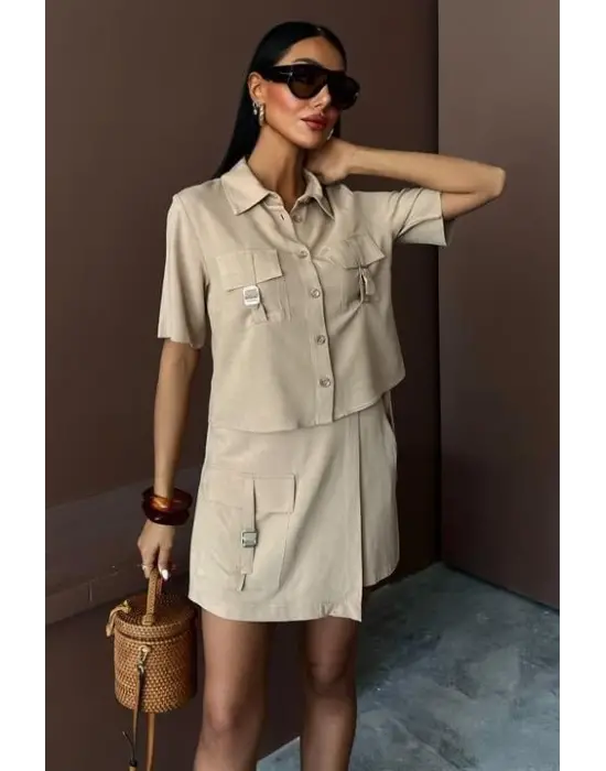 Gömlek Şort Etek Viscon Keten Takım 10162